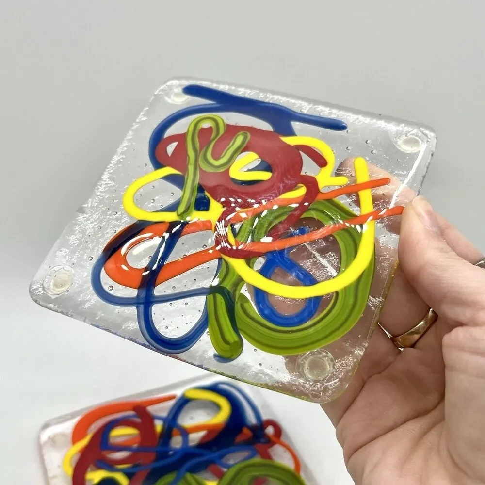 OOAK Set Of 2 Colorful Squiggle Art Glass Coasters Paperweights